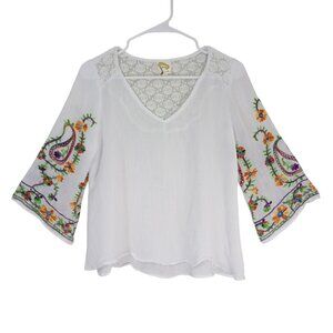 Anthropologie Fig & Flower Embroidered Boho Blouse Floral Lace Details Womens S